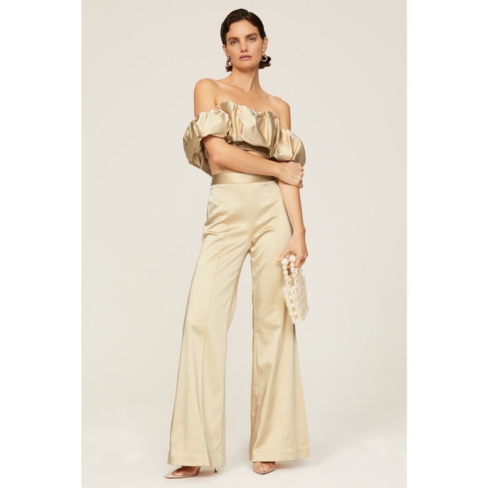 Jonathan Simkhai Duchesse Gold Satin High Rise Bootcut Wide Leg Dress Pants 10